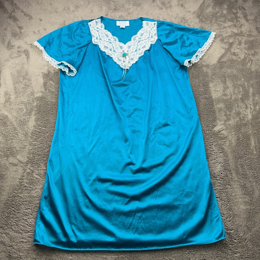 Ashley Taylor Intimates Teal Blue Nylon Lace Trim Nightgown Made in USA Large